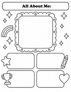 Printable All About Me coloring page for kids with a self-portrait frame, stars, rainbow, and four creative activity boxes.