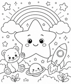 Bear Rainbow and Star Coloring Page Printable PDF