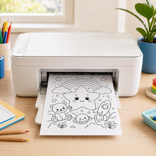 Bear Rainbow and Star Coloring Page Printable PDF